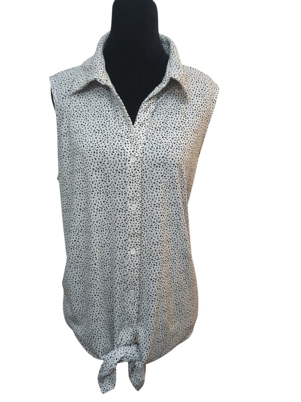 Adrianna Papell Sleeveless Tie Front Blouse Size L Black White Print Coastal